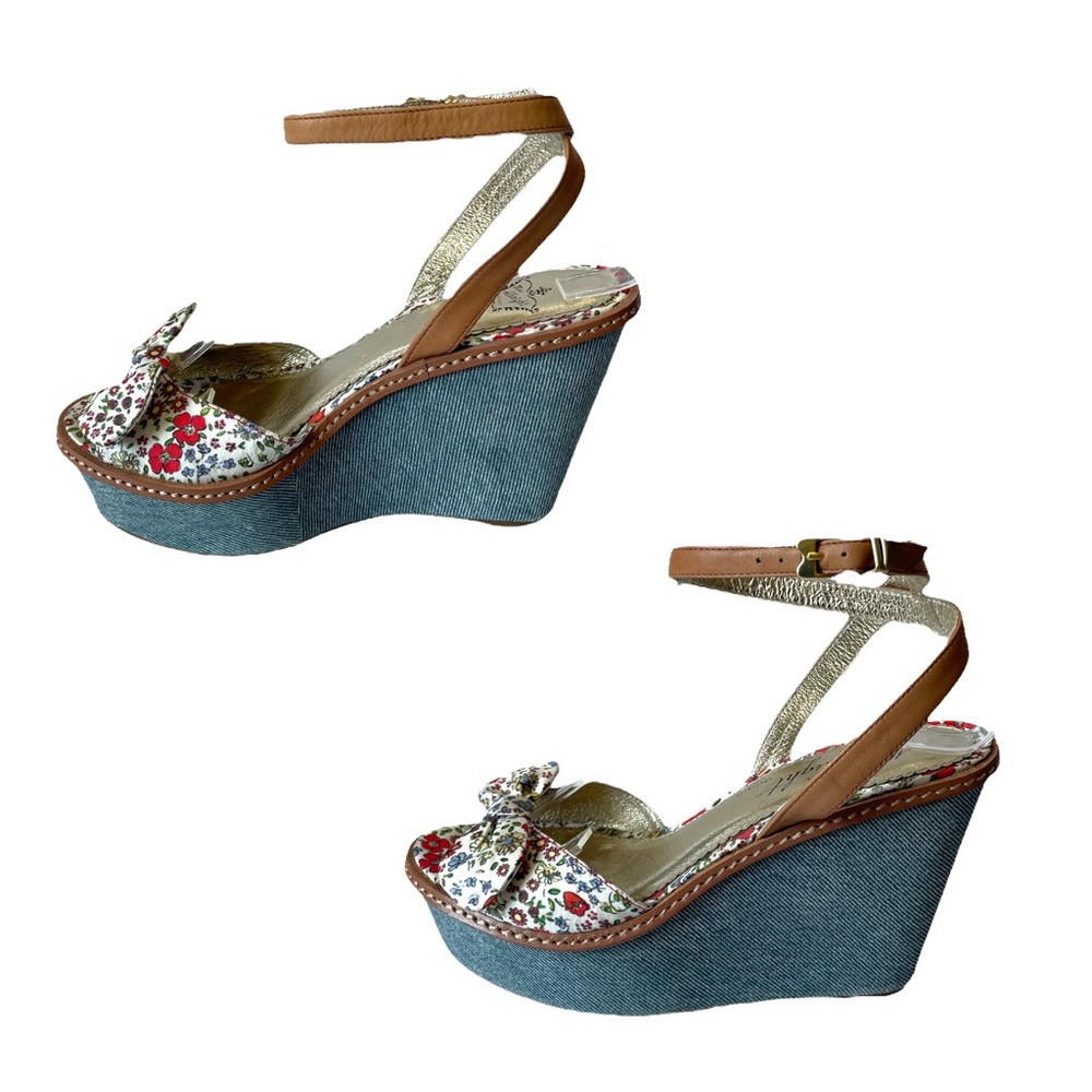 Miss Albright Anthropologie Silk Floral Bow Denim Wedges Sandals 6.5